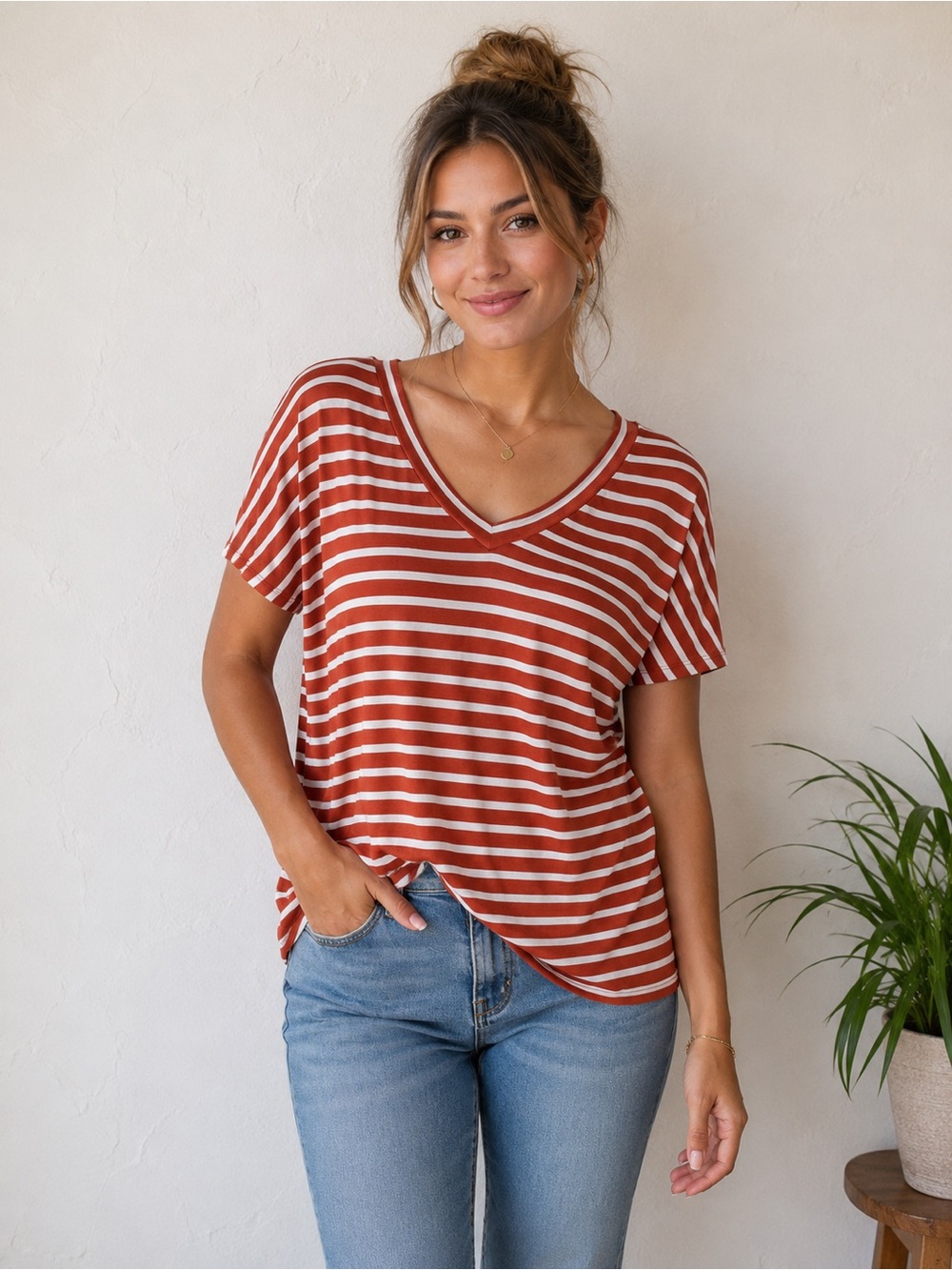 NWT Boutique Striped V-Neck Top Rust Cream Summer V-Back Top Medium